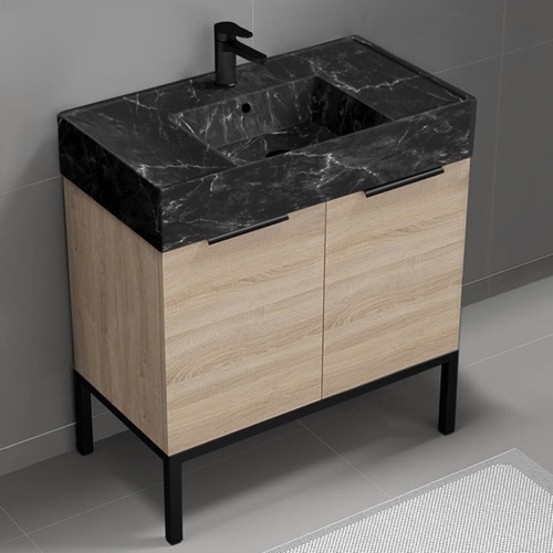 Nameeks DERIN991 Modern Bathroom Vanity With Black Marble Design Sink, Free Standing, 32 Inch, Brown Oak